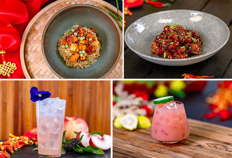 Spicy Fried Rice, Red Spice Fried Chicken Bites, Peach Basil Collins and Guava Whiskey Cocktail from Red Dragon Spice Traders for Lunar New Year 2024