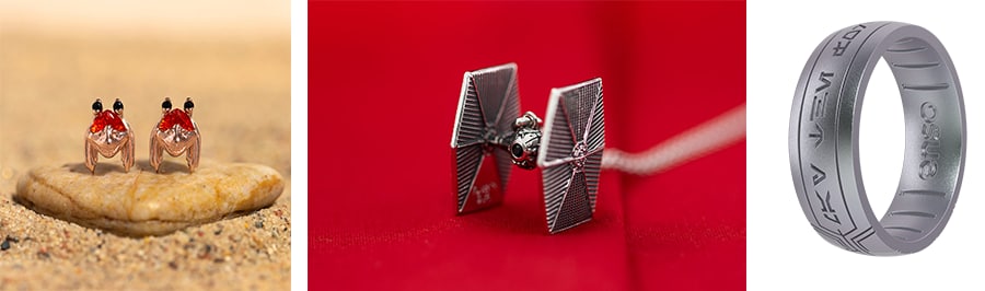 Jar Jar Binks-inspired studs from Girl’s Crew, TIE Fighter Necklace from RockLove, You silicone ring