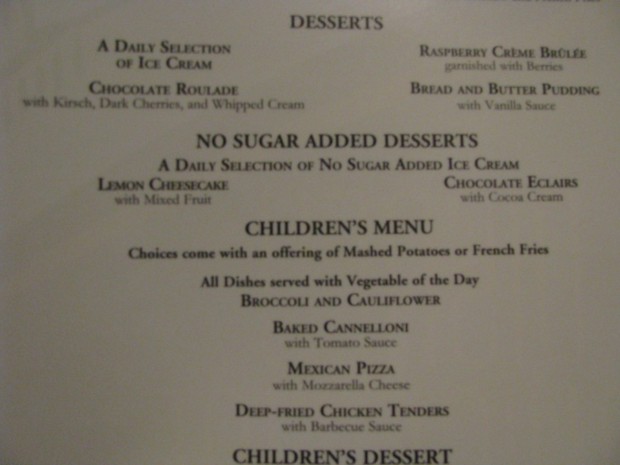 Disney Fantasy Royal Court Lunch Dessert & childrens  Menu